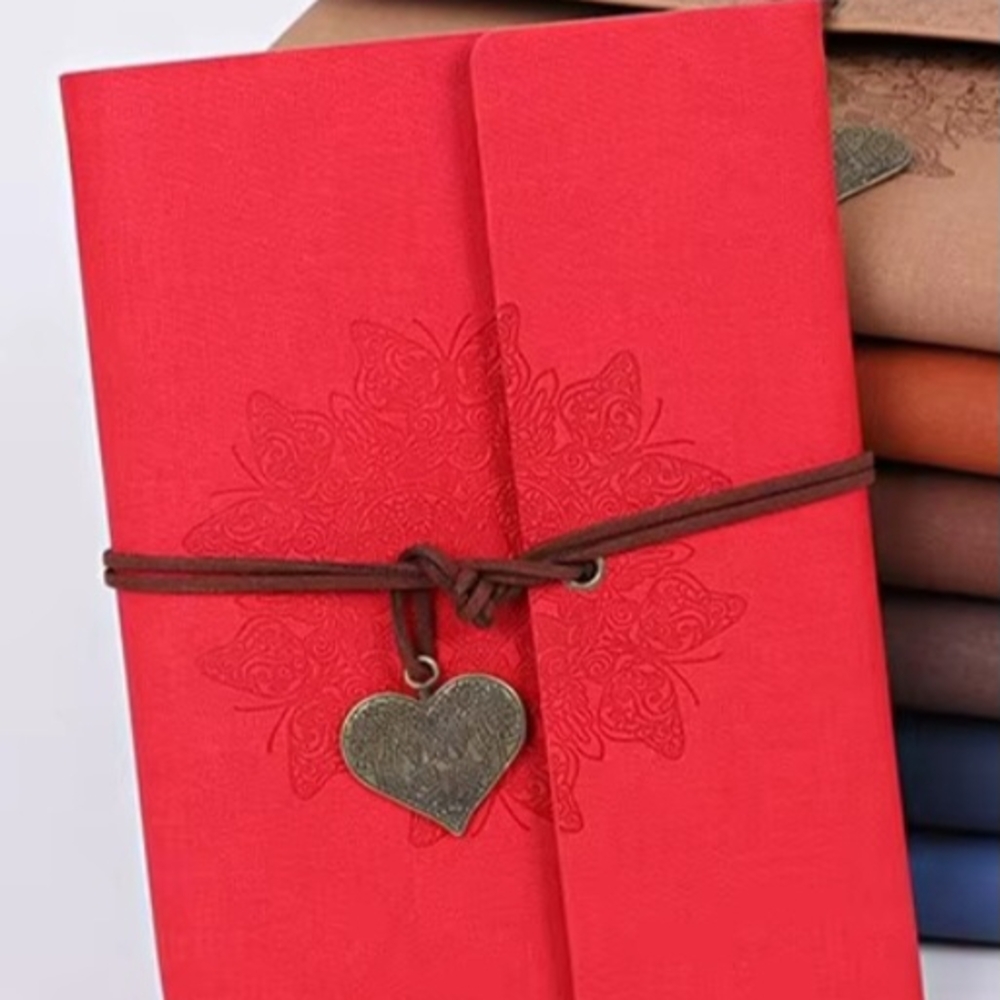 Lined A6 Cute Leather Notebook Planner Agend-Red Journal with Heart Charm NWOT